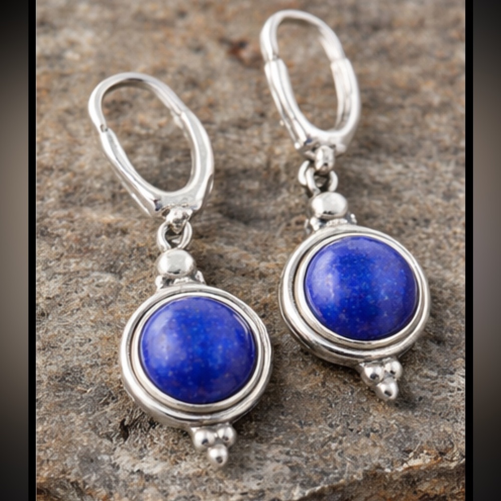 Sterling Silver 925 Lapis Lazuli Leverback Dangle Earrings (Pyrite Flecks)